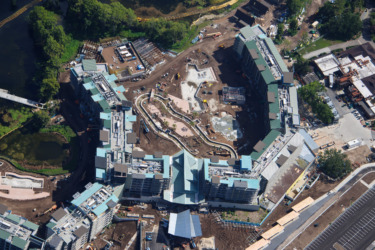 Aerial View Captures Ongoing Construction of the Lazy River and Splash Pad at Disney Lakeshore Lodge