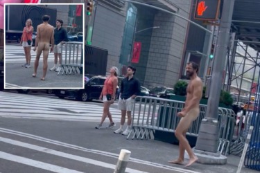 Buck-naked bum who’s not the Naked Cowboy strolls through Times Square, drawing gasps: video