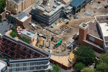 Aerial Photos Reveal Fountain Work and Rebuilt Monstropolis Entrance at Hollywood Studios
