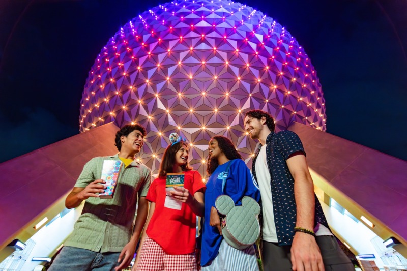 Guests standing in front of Spaceship Earth at EPCOT